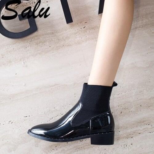 Salu Autumn Winter Boots Women Genuine Leather Ankle Boots Fashion Elegant Slip-on Party Shoes Woman Solid Round Toe Boots