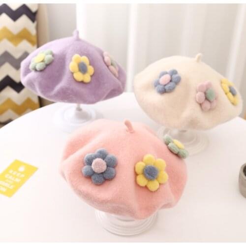 Baby Beret Hat Girls Woolen Flower Painter cap Autumn Warm Pumpkin Peas Hat Outdoor Cold Thicken cap