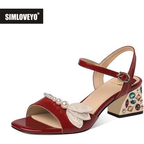 SIMLOVEYO Size 42 Cow Leather Color Med Heel Pearl Beading High Quality Princess Style Fairly Modern Buckle Straps Sandals B2626