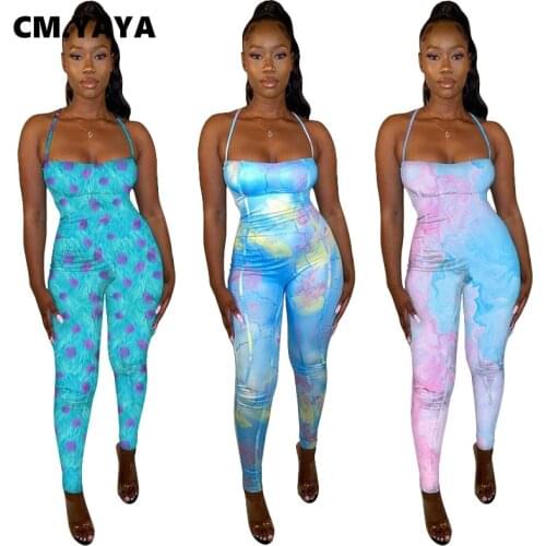 CM.YAYA Tie Dye Open Back Jumpsuit for Women Active Sleeveless Spaghetti Strap Bodycon One Piece Overall Romper Outfit Street