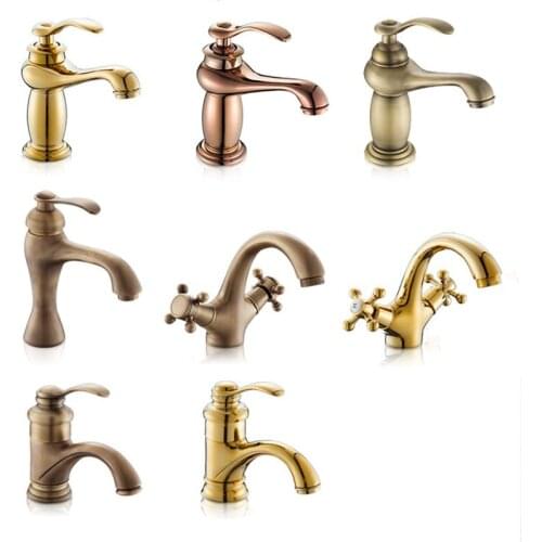 European Style Faucet Retro Gold All Copper Single Hole Pure Copper Washbasin Splash Proof Faucet Hot and Cold Washbasin Tap