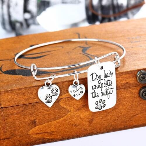 Dog Hair Completes The Outfit Charms Bangle Dog Tag Pet Paws Claw Footprint Bracelet Thanks You Heart Pendant Bangles Jewelry