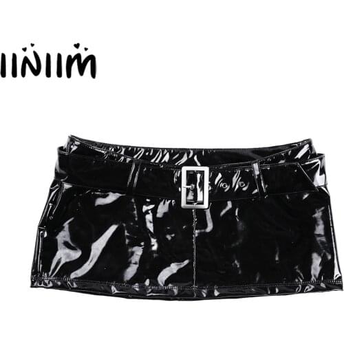 Sexy Womens Wetlook Miniskirt Short Mini Skirt with Belt Loops Evening Party Clubwear Skirts Ladies Exotic Costume Dress Up