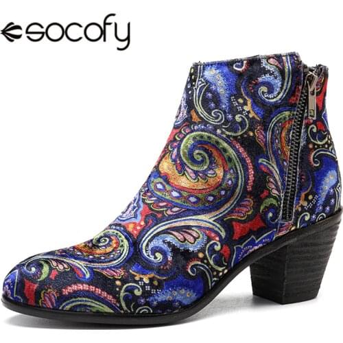 Socofy Flock Printed Flower Women Winter Boots Shoes Woman Bohemian Vintage Plush Cloth Ankle Boots Chunky Heel Ladies Shoes New
