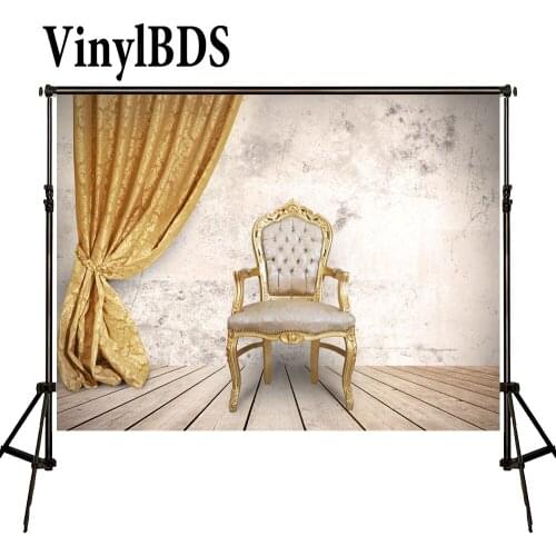 VinylBDS Wedding Backdrop Wood Floor and Solid Brick Wall Backdrops Golden Curtain Background for Children Photo Shoot Stduio