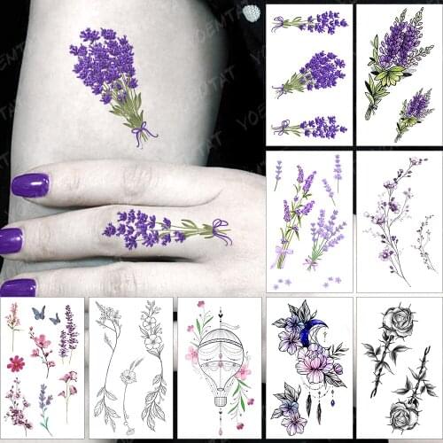 Waterproof Temporary Tattoo Sticker Watercolor Romantic Lavender Flowers Flash Tatoo Arm Wrist Fake Tatto For Body Art Women Men