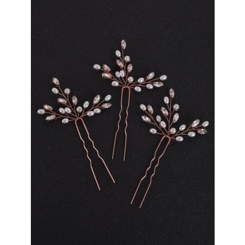 Trendy Rose gold 3PCS Wedding Hair Pins Tiara Headdresses for Hair Jewelry Bride Accessories Fascinator
