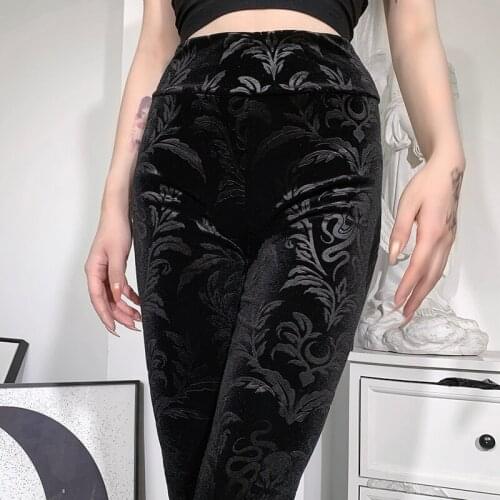 Goth Dark Vintage Floral Scratched Gothic Pants Velvet High Waist Skinny Flare Trousers For Women Autumn Winter Streetwear 2021