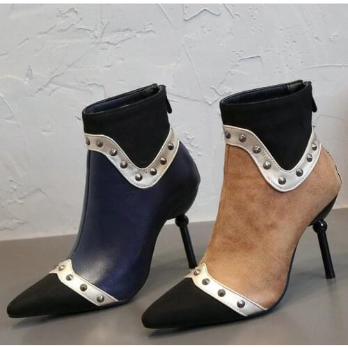 Autumn Womens Shoes Fashion Rivet Mixed Colors Winter Lady Ankle Boots Pointed Toe Sexy Thin High Heels Female Brown Navy Color