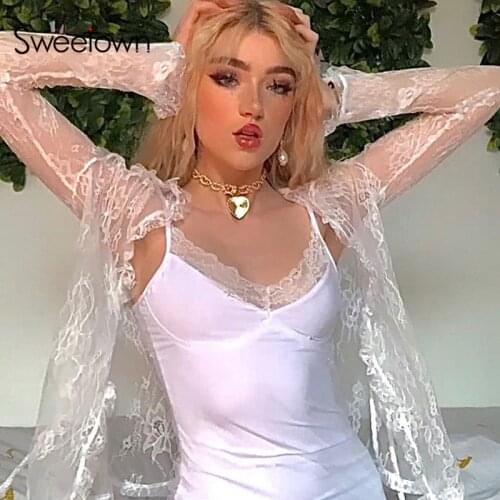 Sweetown 2000s Kawaii Y2K Lace Cardigan Tops Women See Through Sexy Mesh T-Shirt Tie V Neck Long Sleeve Cute Aesthetic Tee White