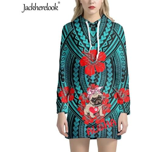 Jackherelook Polynesian Tribal Hibiscus Pug Animal Print Women Long Sleeve Hooded Pockets Pullover Hoodie Dress Tunic Sweatshirt