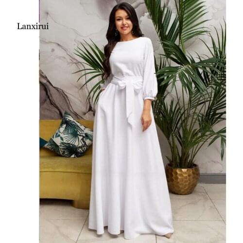 Women Elegant Party Dress Lantern Sleeve o Neck Sashes Solid Dress Women Autumn Maxi Long Party Dress
