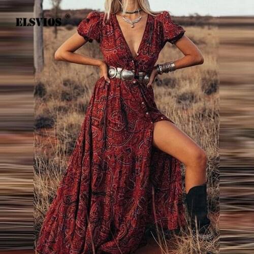 Sexy V Neck Short Sleeve Print Dress Summer Women Casual Boho Holiday Dresses Elegant Lady Button High Slit Long Party Vestidos