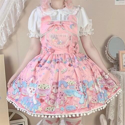 Girls Lolita Kawaii Pink Dress Women Sweet Retro Print Donut Party Strap Dresses Vestidos Mini Cute Bow JSK Lolita Dress 2021