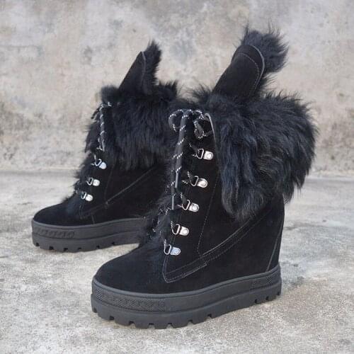 Winter wool fur suede lace up snow boots two wear thick sole height Increasing warm fur outdoor bottines