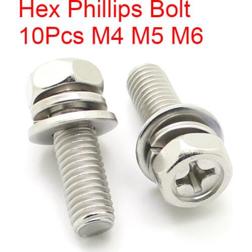 10pcs M4 M5 M6 Bolt Hex Cross Phillips Hexagon Screws Flat Spring Gasket Washers 304 Stainless Steel L=10-50mm 12/16/20/30/40mm