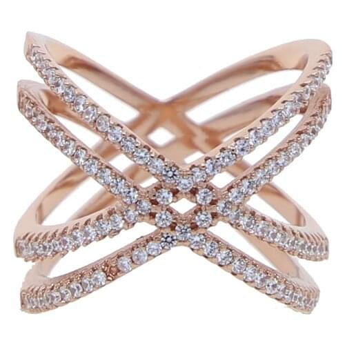 100% 925 Sterling Silver Rose Gold Plated Micro Pave 5A Cubic Zirconia CZ Full Finger Criss Cross X Ring