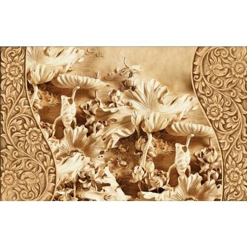 3D mural wallpaper Lotus leaf carvings relief TV backdrop 3d stereoscopic wallpaper Home Decoration