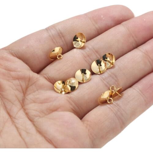 50pcs/lot Gold Plated Stainless Steel Cup Pearl Bead Bail Pin Pendants for Half-drilled Beads DIY Jewelry Making Findings