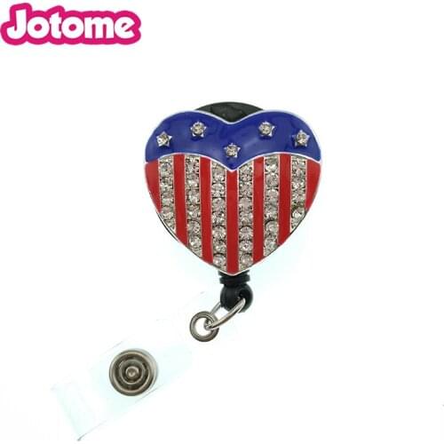 50pcs/Rhinestone Bling American Heart Flag Crystal reel retractable ID badge holder