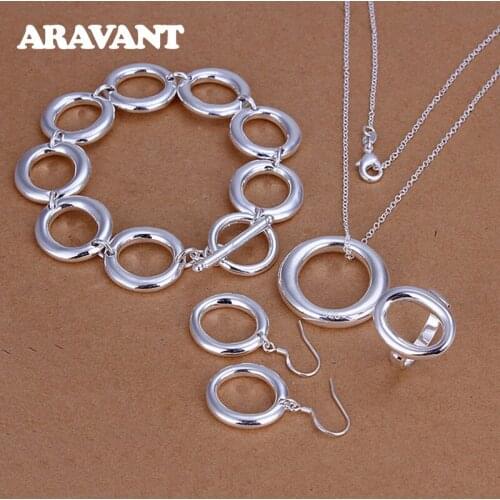 925 Silver Jewelry Set Round Circle Necklace Bracelet Ring Drop Earring For Women Jewelry Gifts