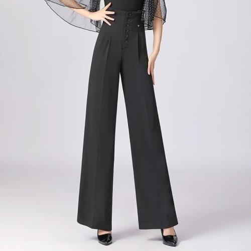 Women Latin Dance Pants Summer High Waist Bud Pants Design Button Style Dancing Pants Black Trousers Latin Dance Clothes DN9556