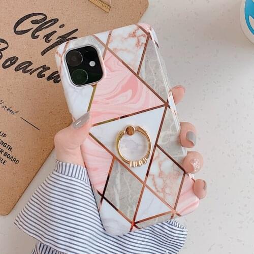 LACK Phone Case For iPhone 12 11Pro Max XR X XS Max 6 6S 7 8Plus Luxury Plating Line Geometric Marble Diamond Ring Stand Cover