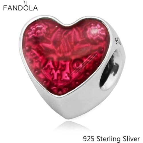 CKK 925 Sterling Silver Latin Love Heart, Transparent Cerise Enamel Charms Original Beads Fits For Bracelets Jewelry