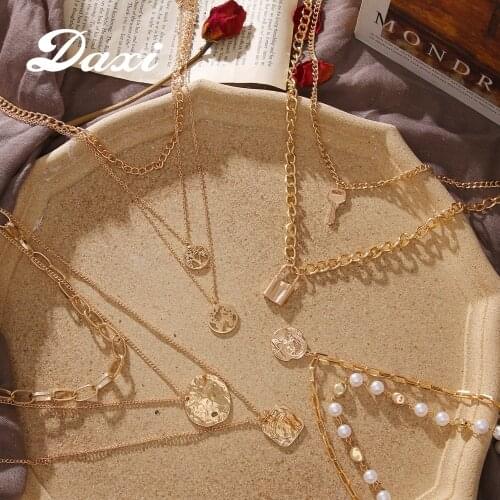 DAXI Pendant Chain Necklace Gold Necklaces For Women Chains Lock Layered Necklace Jewelry Aesthetic Thick perle Necklace
