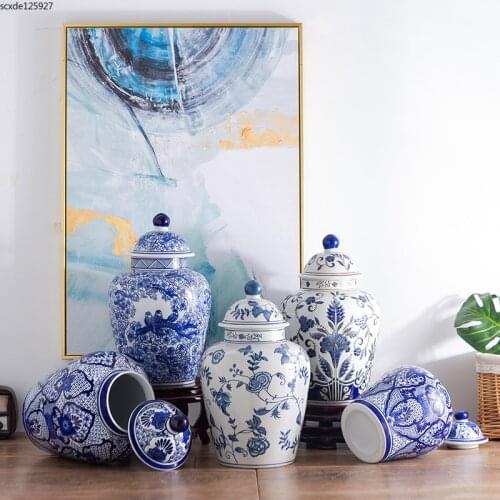 Classical Blue and White Porcelain Storage Jar Ceramic Vase Flower Arrangement Dried Flowers Candy Tea Sealed Storage Jar Crafts