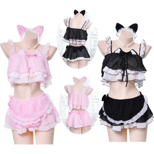 Anime Cosplay Costume Sexy Women Lingerie Set Lolita Kawaii Intimates Set Cute Girls Cat Ears Ruffles Camisoles Underwear