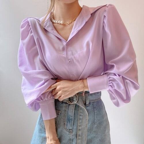 Korean Fashion Women Clothing 2021 Autumn Purple Loose Casual Lantern Sleeve Shirt Blouse Elegant Blusas Female Black Tops 1015