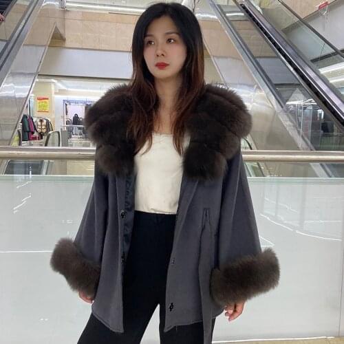 Best Selling Fur Coat Women Natural Fox Fur Jacket Wool Blend Overcoat Autumn Winter Cardigan Fashion Adjustable Waist Cape