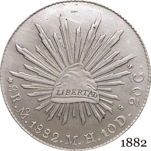 Mexico Republic Mexicana 1882 M H 8 Reales Libertad Eagle With Snake On Cactus Radiant Cap With Rays Silver Plated Copy Coins