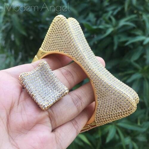 ModemAngel Gourd Luxury Design Cubic Zirconia African Party Engagement Wide Bracelet Bangle Ring Set Dress jewelry sets