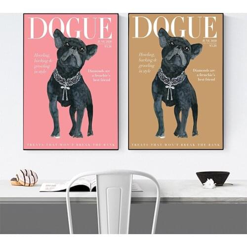 Fashion Frenchie Dogue Magazine Cover Poster Pink Yellow Background Canvas Print Painting Bathroom Aisle Wall Art Decor Pictures