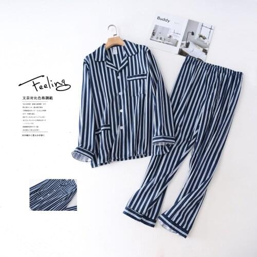 Blue Stripes Pyjamas Mens 100% Cotton Pajamas Sets Male Sleepwear Casual Men Home Clothing Sleep Wear Autumn Homewear Plus Size