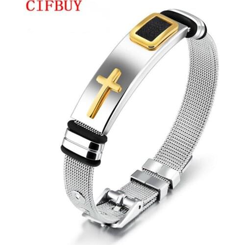 CIFBUY Punk Cross Bracelet For Men Length 16.5-21 CM Mesh Strap Band Stainless Steel Black/ Gold Color Male Wrap Bracelets GH878