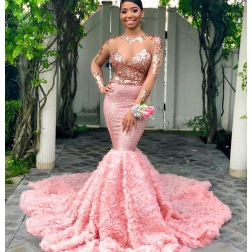 2019 Pink Long Sleeves Black Girls Prom Dress Mermaid Formal Pageant Holidays Wear Graduation Evening Party Gown Custom Made Plu