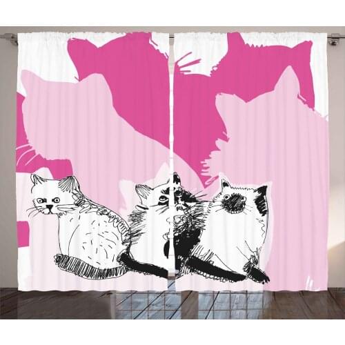 Ragdoll Cat Curtains Sketchy Drawn Kittens on Pink Satin Fabric Drapes for Living Room Bedroom 2 Panel Window Set