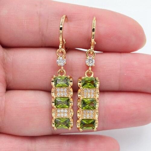 Gold Color Women Fashion Green Zirconia CZ Geometric Blocks Dangle Earrings Jewelry