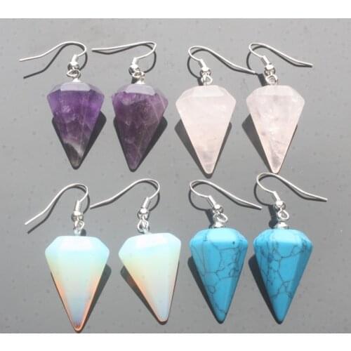 14X22MM Hexagon Faceted Cone Amethysts Clear Crystal Lapis Turquoises Opal Rose Pink Quartz Tiger Eye Onyx Drop Earrings 1 Pair