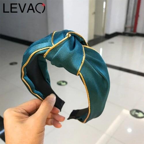 LEVAO Korean Cloth Solid Knotted Girls Turban Golden Rim Bezel Holder Headwear Headband Hairband Ladies Women Hair Accessories