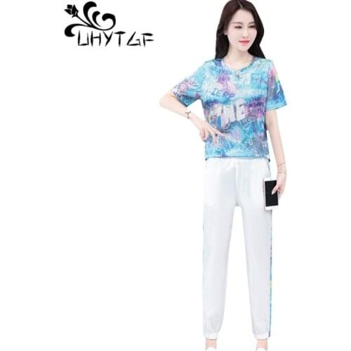 UHYTGF Fashion tracksuit women 2020 printing ice silk t-shirt tops casual summer two piece set elegant loose plus size suit 1190