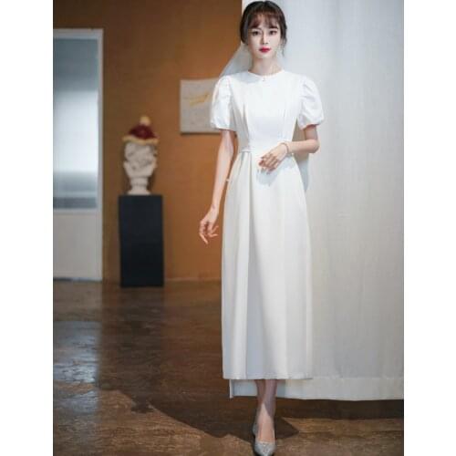 #4163 Gorgeous O-Neck Short Sleeve Satin Ankle Length Wedding Dress Bridal Gown Vestido De Noiva