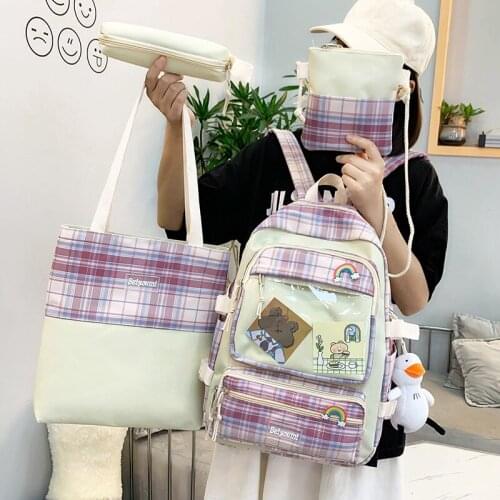Waterproof Shoulder Bags Student Scoolbags 4-piece Set Fashion Womens Backpack Canvas Plaid School Bag For Girls Large Capacity