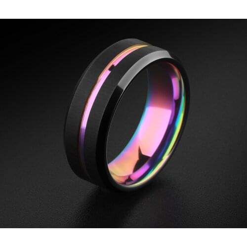 Tungsten Rings, 8mm Rainbow Black Brushed Tungsten Wedding Band Triton Gorgeous Center Grooved, Free Shipping