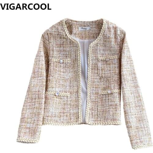 New exquisite ladies tweed Jacket Women Autumn Winter New women pink plaid simple and elegant Feminine long-sleeved Jacket Women