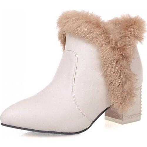 Women Shoes New Fashion 2016 Pointed Toe Leather Ankle Boots Black White Red Rabbit Fur Winter Boot Plus Size 34-43 XKD2073