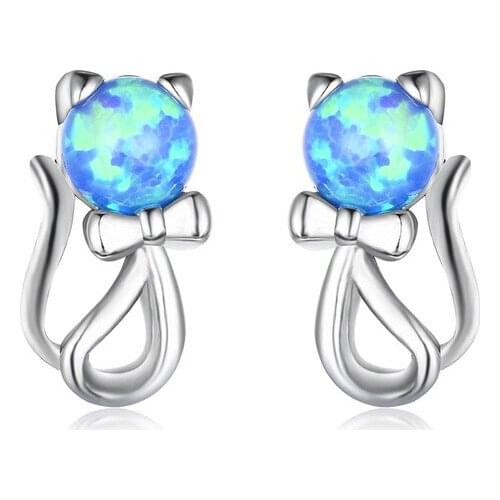 UFOORO stud earrings White Blue Fire Opal Earrings for Women Jewelry Cute Cat Earrings Christmas Gift girlfriend Ear0954